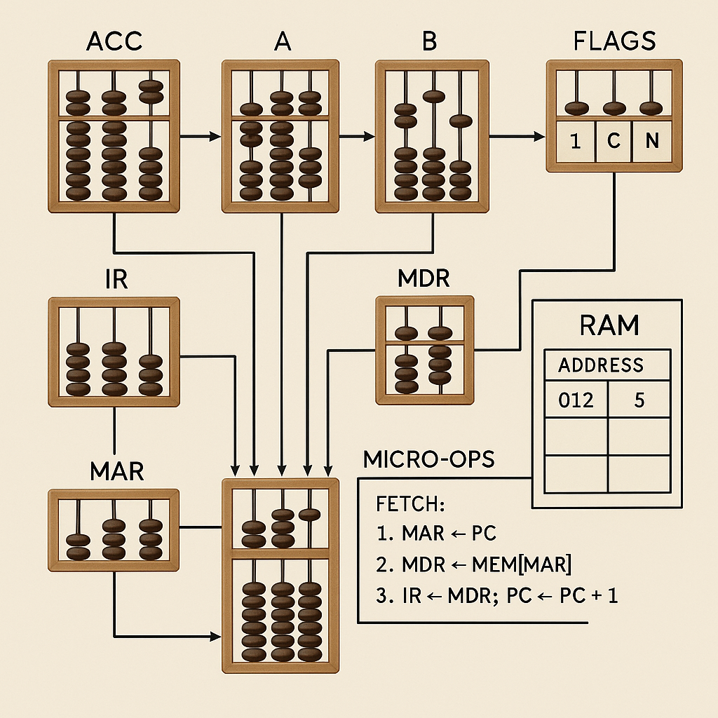 Labeled diagram of abaci as registers and memory with micro-ops