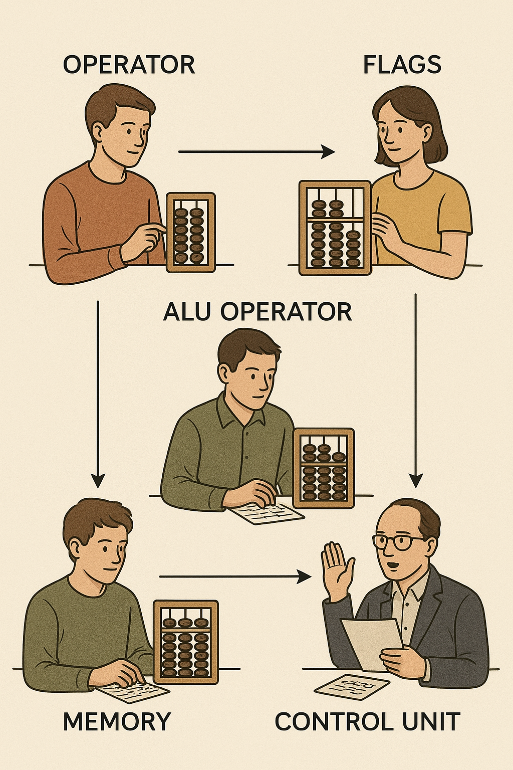 People at stations (CU, ALU, Memory, Flags) with arrows showing data flow