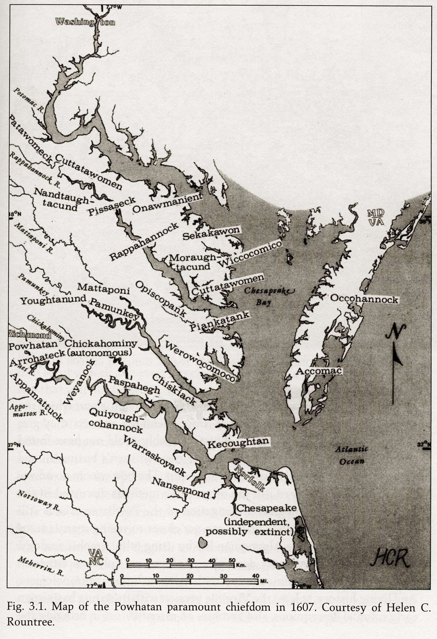 Map of the Powhatan paramount chiefdom in 1607